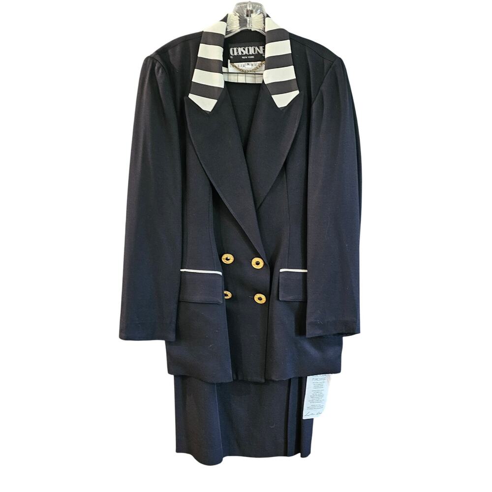 Vtg Criscione NY Lillie Rubin Black Stripe Collar Blazer Jacket Skirt Set NWT M